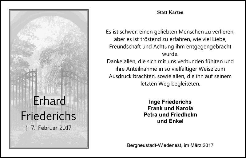  Traueranzeige für Erhard Friederichs vom 15.03.2017 aus  Anzeigen Echo  Lokalanzeiger 