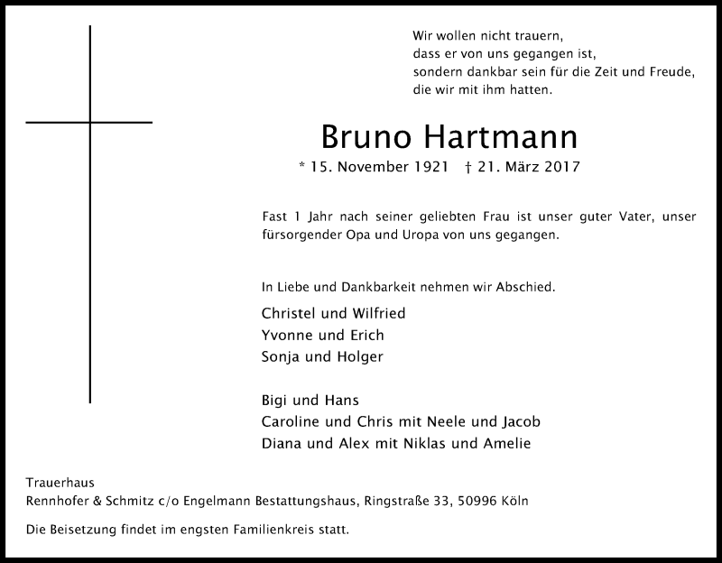  Traueranzeige für Bruno Hartmann vom 29.03.2017 aus Kölner Stadt-Anzeiger / Kölnische Rundschau / Express