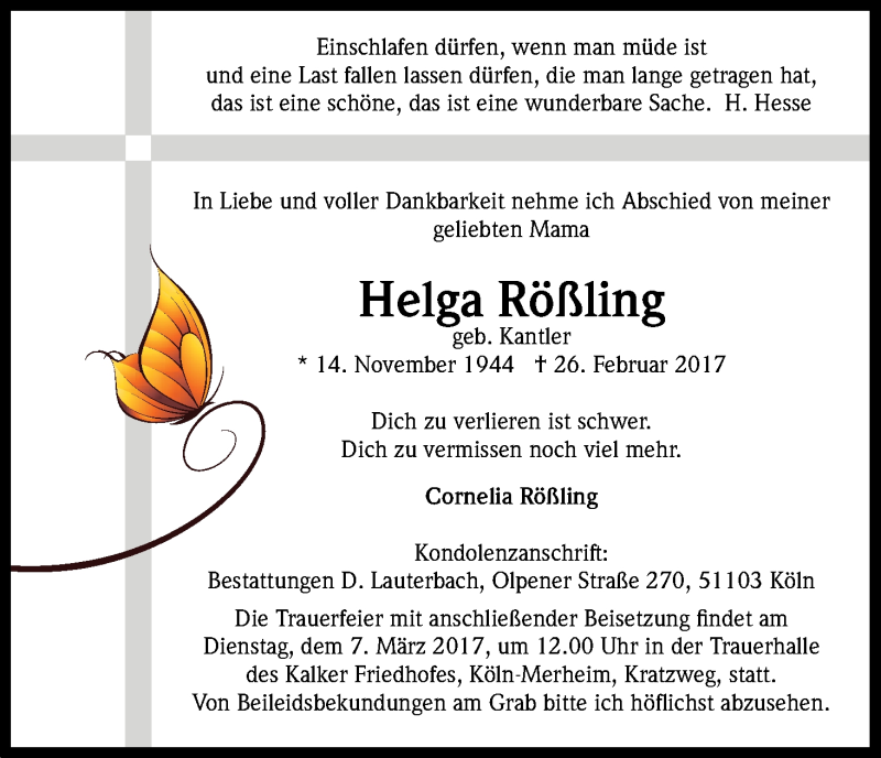  Traueranzeige für Helga Rößling vom 04.03.2017 aus Kölner Stadt-Anzeiger / Kölnische Rundschau / Express