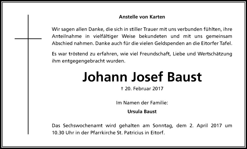  Traueranzeige für Johann Josef Baust vom 25.03.2017 aus Kölner Stadt-Anzeiger / Kölnische Rundschau / Express