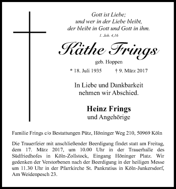 Anzeige von Käthe Frings von Kölner Stadt-Anzeiger / Kölnische Rundschau / Express