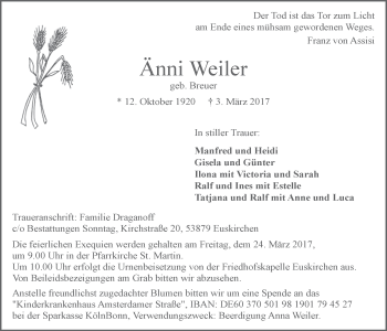 Anzeige von Änni Weiler von  Blickpunkt Euskirchen 
