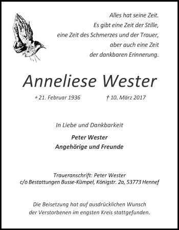 Anzeige von Anneliese Wester von Kölner Stadt-Anzeiger / Kölnische Rundschau / Express
