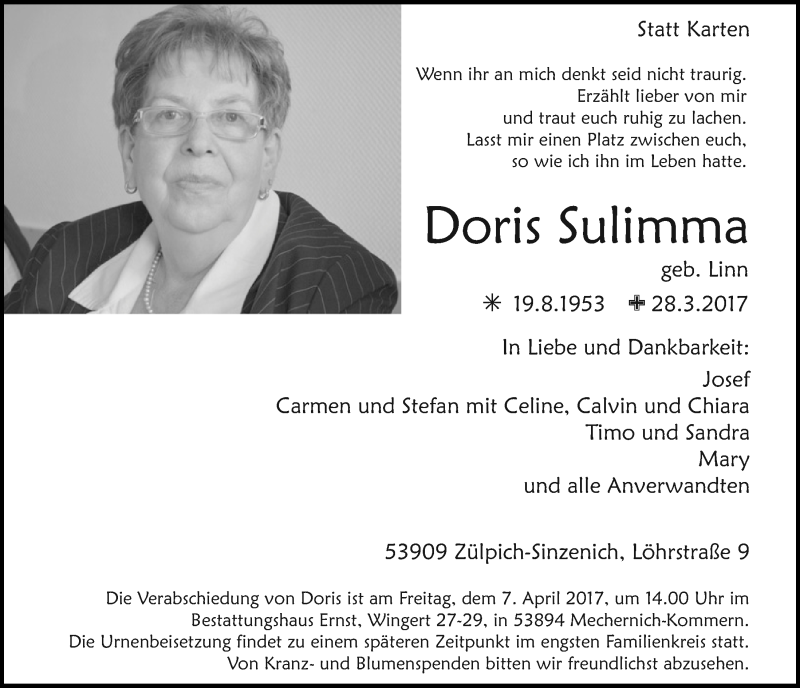  Traueranzeige für Doris Sulimma vom 01.04.2017 aus  Blickpunkt Euskirchen 