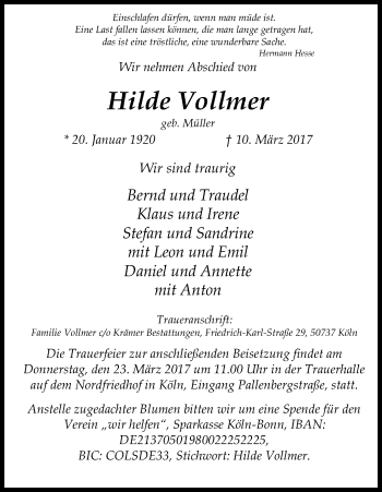 Anzeige von Hilde Vollmer von Kölner Stadt-Anzeiger / Kölnische Rundschau / Express