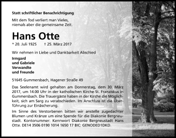 Anzeige von Hans Otte von Kölner Stadt-Anzeiger / Kölnische Rundschau / Express