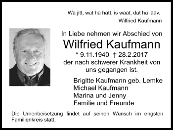 Anzeige von Wilfried Kaufmann von Kölner Stadt-Anzeiger / Kölnische Rundschau / Express