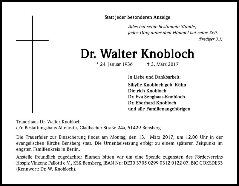  Traueranzeige für Walter Knobloch vom 07.03.2017 aus Kölner Stadt-Anzeiger / Kölnische Rundschau / Express