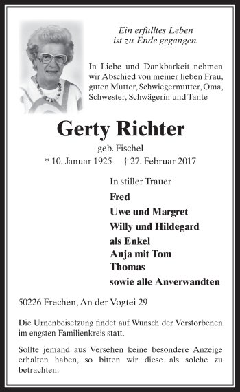 Anzeige von Gerty Richter von  Wochenende 