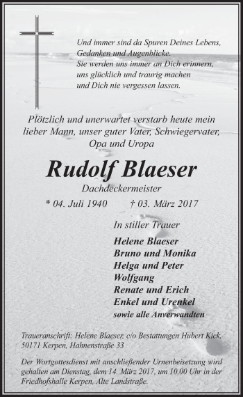 Anzeige von Rudolf Blaeser von  Sonntags-Post 