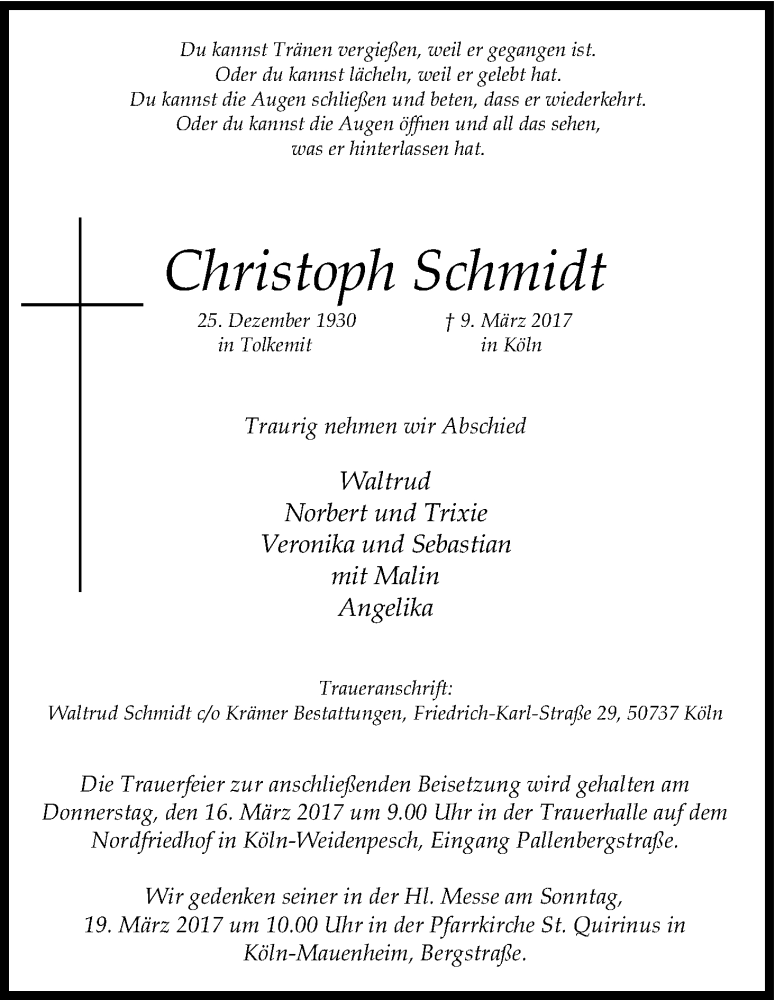 Traueranzeige für Christoph Schmidt vom 14.03.2017 aus Kölner Stadt-Anzeiger / Kölnische Rundschau / Express