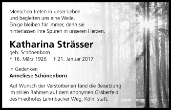 Anzeige von Katharina Strässer von Kölner Stadt-Anzeiger / Kölnische Rundschau / Express
