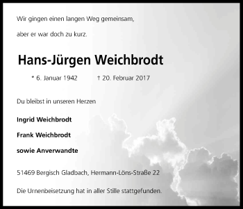 Anzeige von Hans-Jürgen Weichbrodt von Kölner Stadt-Anzeiger / Kölnische Rundschau / Express