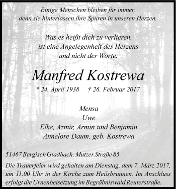 Anzeige von Manfred Kostrewa von Kölner Stadt-Anzeiger / Kölnische Rundschau / Express