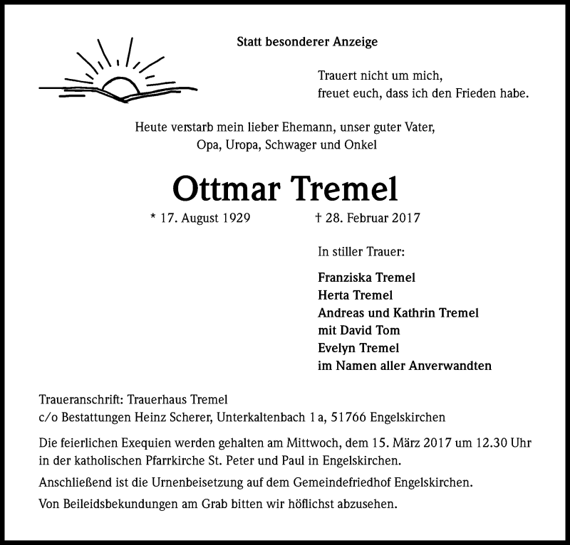  Traueranzeige für Ottmar Tremel vom 08.03.2017 aus Kölner Stadt-Anzeiger / Kölnische Rundschau / Express