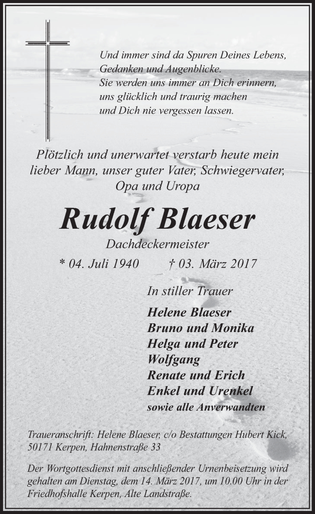  Traueranzeige für Rudolf Blaeser vom 11.03.2017 aus  Sonntags-Post 