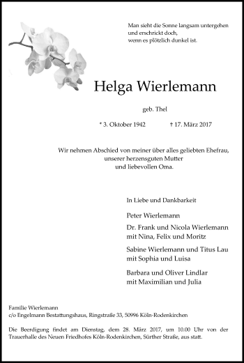 Anzeige von Helga Wierlemann von Kölner Stadt-Anzeiger / Kölnische Rundschau / Express