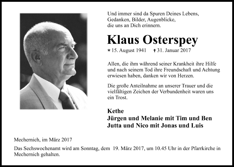  Traueranzeige für Klaus Osterspey vom 11.03.2017 aus  Blickpunkt Euskirchen 