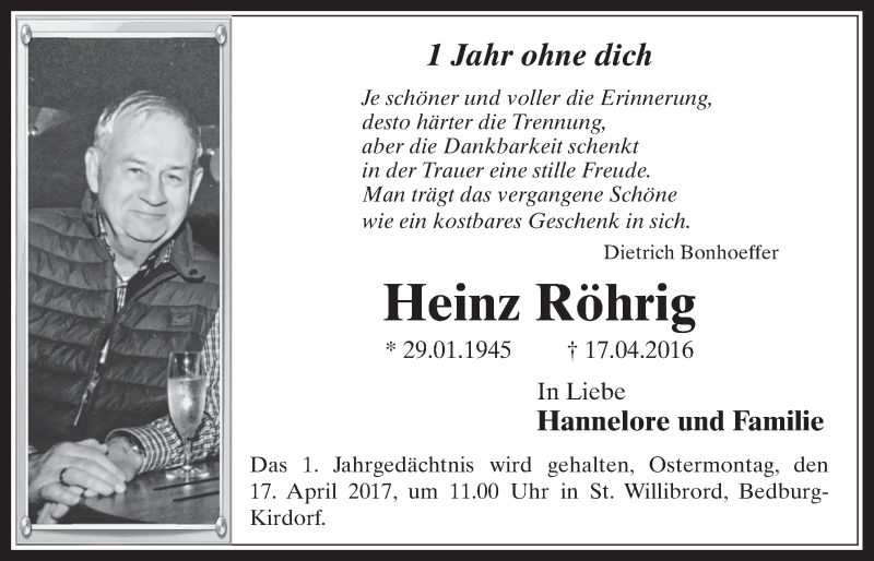  Traueranzeige für Heinz Röhrig vom 15.03.2017 aus  Werbepost 
