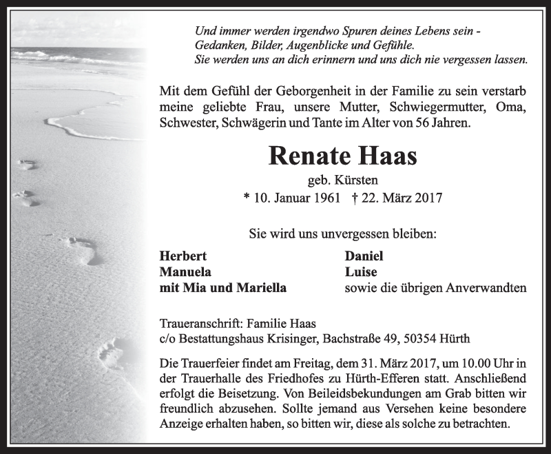  Traueranzeige für Renate Haas vom 29.03.2017 aus  Wochenende 