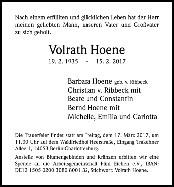 Anzeige von Volrath Hoene von Kölner Stadt-Anzeiger / Kölnische Rundschau / Express