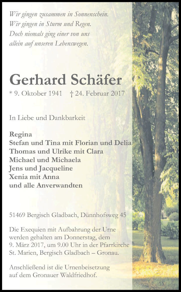  Traueranzeige für Gerhard Schäfer vom 04.03.2017 aus Kölner Stadt-Anzeiger / Kölnische Rundschau / Express