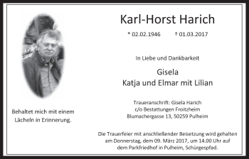 Anzeige von Karl-Horst Harich von  Wochenende 