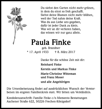 Anzeige von Paula Finke von Kölner Stadt-Anzeiger / Kölnische Rundschau / Express