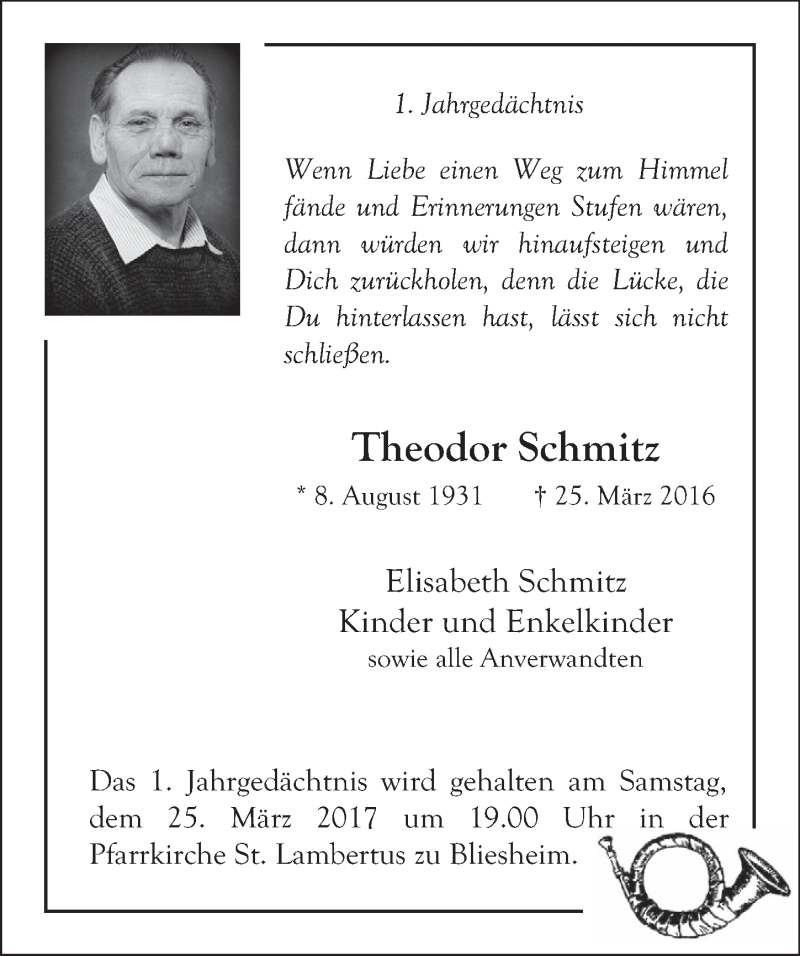  Traueranzeige für Theodor Schmitz vom 22.03.2017 aus  Werbepost 