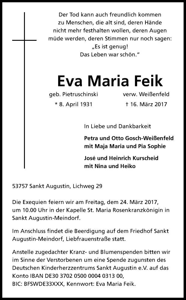  Traueranzeige für Eva Maria Feik vom 21.03.2017 aus Kölner Stadt-Anzeiger / Kölnische Rundschau / Express