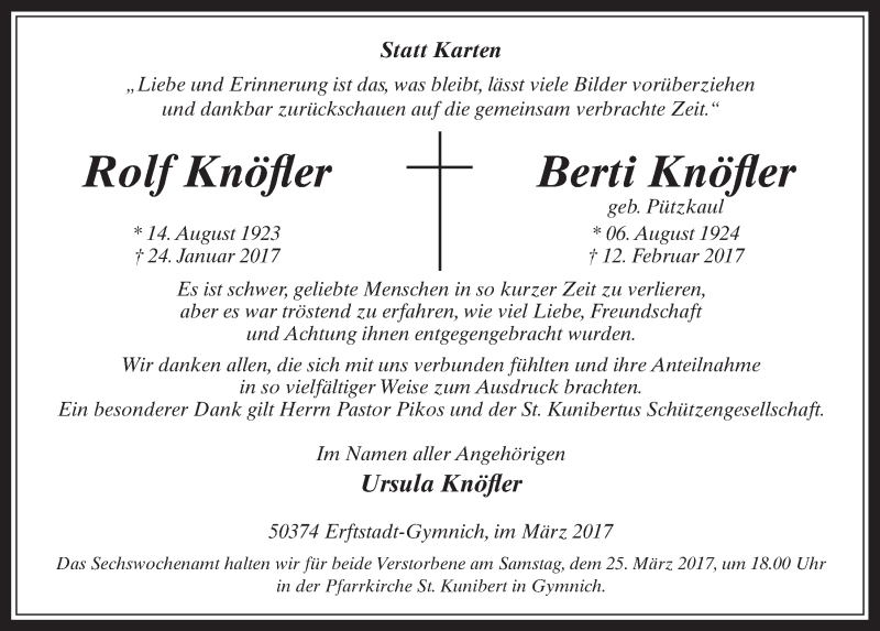  Traueranzeige für Berti Knöfler vom 22.03.2017 aus  Werbepost 