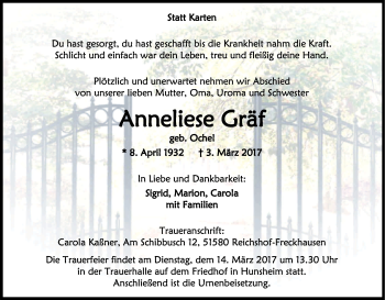 Anzeige von Anneliese Gräf von Kölner Stadt-Anzeiger / Kölnische Rundschau / Express