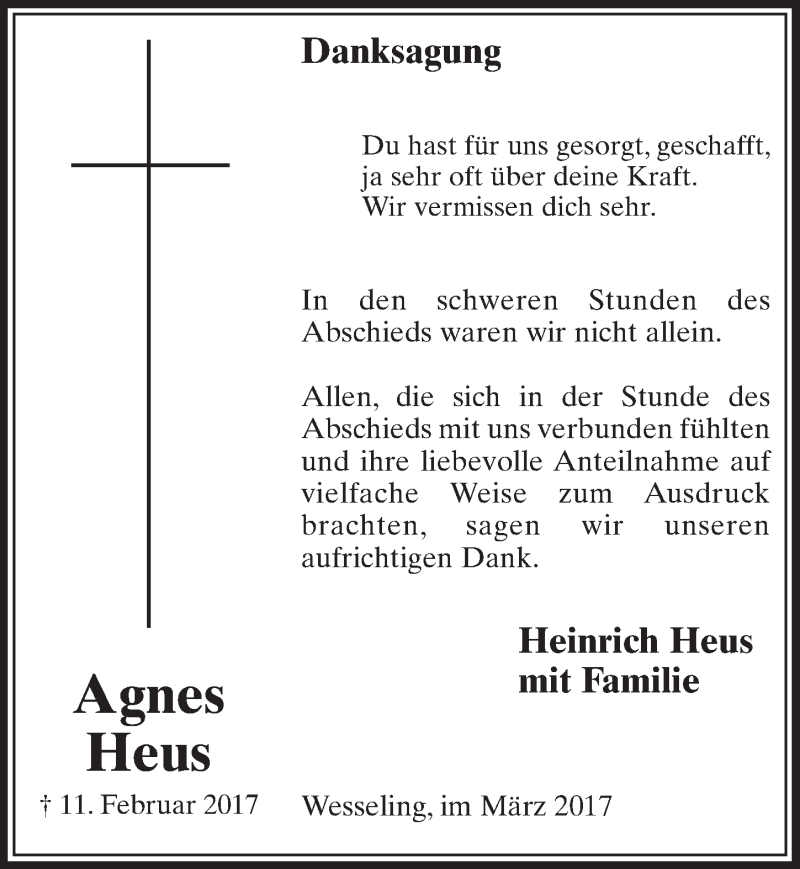  Traueranzeige für Agnes Heus vom 15.03.2017 aus  Schlossbote/Werbekurier 