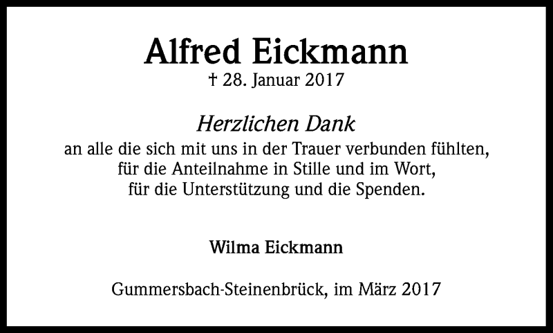 Traueranzeige für Alfred Eickmann vom 25.03.2017 aus Kölner Stadt-Anzeiger / Kölnische Rundschau / Express