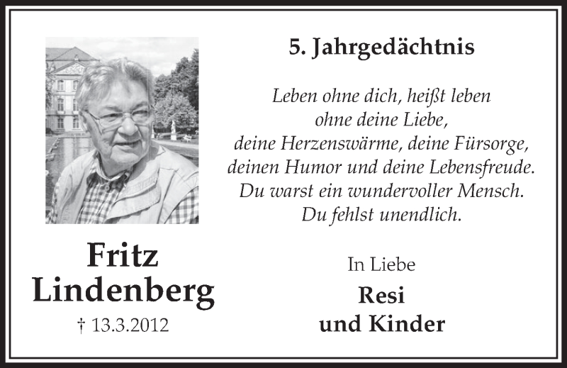  Traueranzeige für Fritz Lindenberg vom 15.03.2017 aus  Schlossbote/Werbekurier 