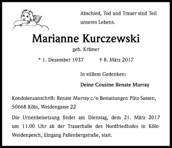 Anzeige von Marianne Kurczewski von Kölner Stadt-Anzeiger / Kölnische Rundschau / Express