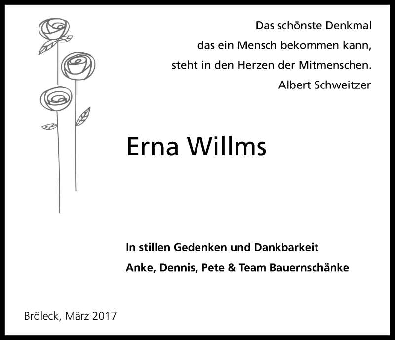  Traueranzeige für Erna Willms vom 22.03.2017 aus Kölner Stadt-Anzeiger / Kölnische Rundschau / Express