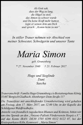 Anzeige von Maria Simon von Kölner Stadt-Anzeiger / Kölnische Rundschau / Express