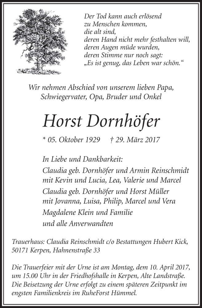  Traueranzeige für Horst Dornhöfer vom 01.04.2017 aus  Sonntags-Post 