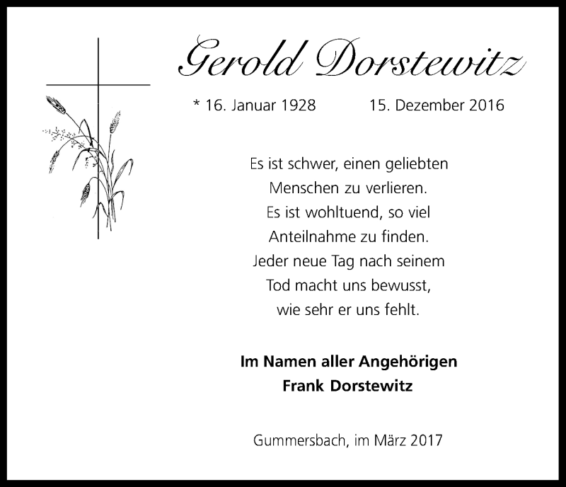  Traueranzeige für Gerold Dorstewitz vom 04.03.2017 aus Kölner Stadt-Anzeiger / Kölnische Rundschau / Express