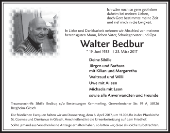 Anzeige von Walter Bedbur von  Sonntags-Post 