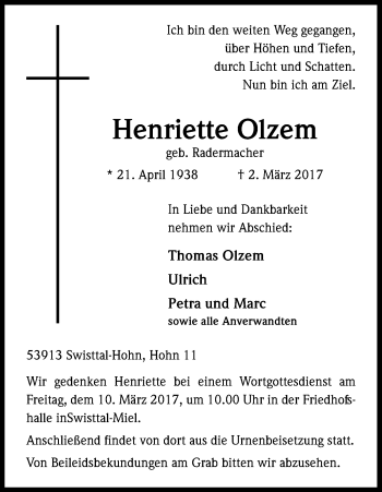 Anzeige von Henriette Olzem von Kölner Stadt-Anzeiger / Kölnische Rundschau / Express