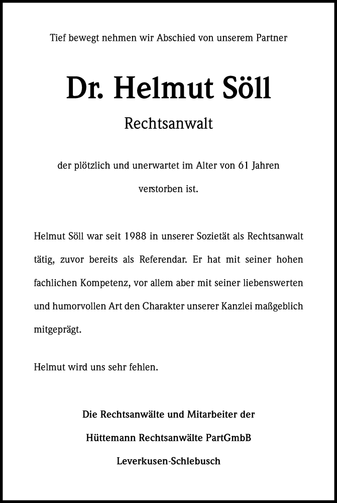  Traueranzeige für Helmut Söll vom 04.03.2017 aus Kölner Stadt-Anzeiger / Kölnische Rundschau / Express