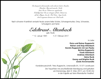 Anzeige von Edeltraut Altenbach von Kölner Stadt-Anzeiger / Kölnische Rundschau / Express