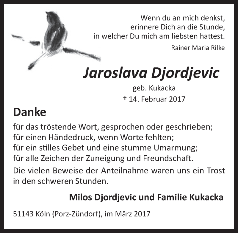 Traueranzeige für Jaroslava Djordjevic vom 22.03.2017 aus  Kölner Wochenspiegel 