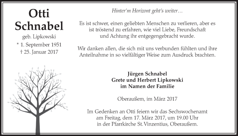  Traueranzeige für Otti Schnabel vom 11.03.2017 aus  Sonntags-Post 