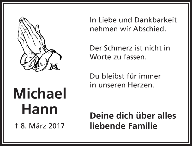  Traueranzeige für Michael Hann vom 15.03.2017 aus  Lokalanzeiger 