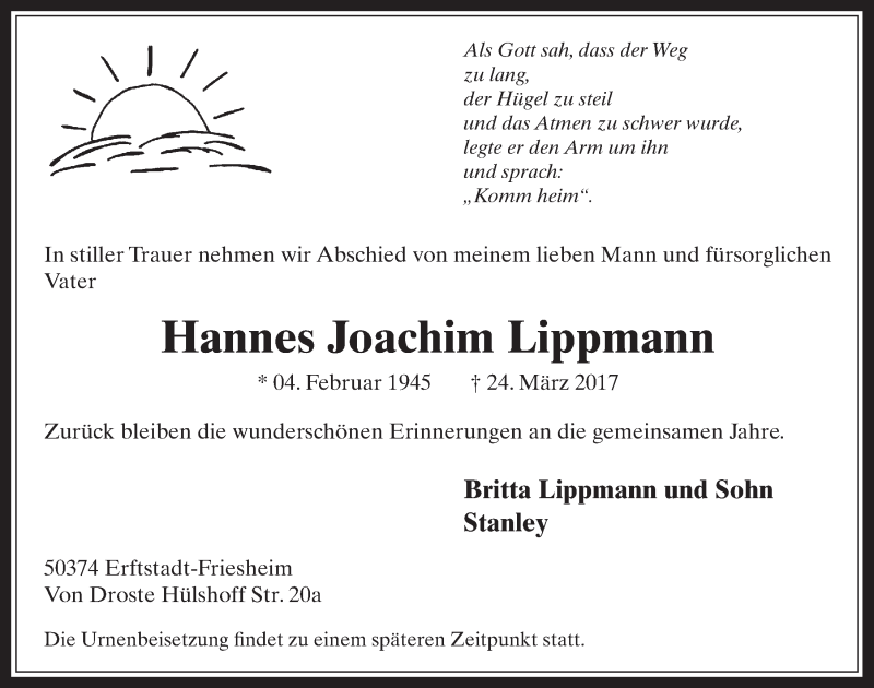 Traueranzeige für Hannes Joachim Lippmann vom 29.03.2017 aus  Werbepost 