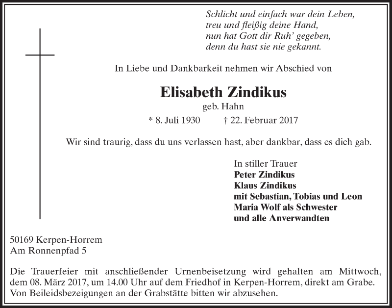  Traueranzeige für Elisabeth Zindikus vom 04.03.2017 aus  Sonntags-Post 