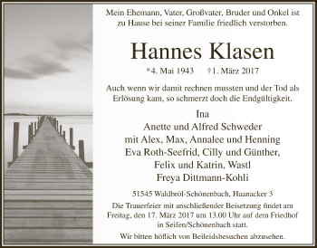 Anzeige von Hannes Klasen von  Lokalanzeiger 